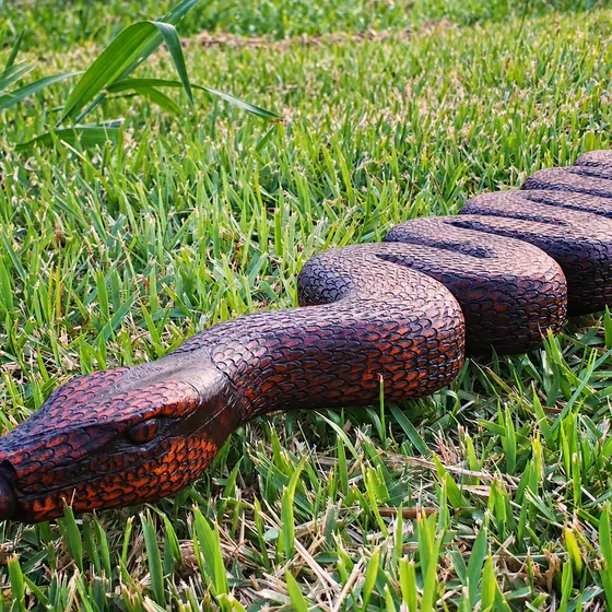 Tepi em forma de cobra esculpido em madeira, sobre a grama