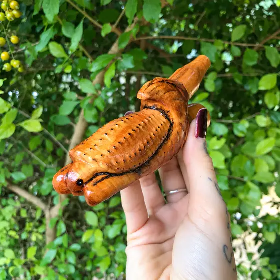 Kuripe de madeira esculpido à mão, segurado diante de folhagem